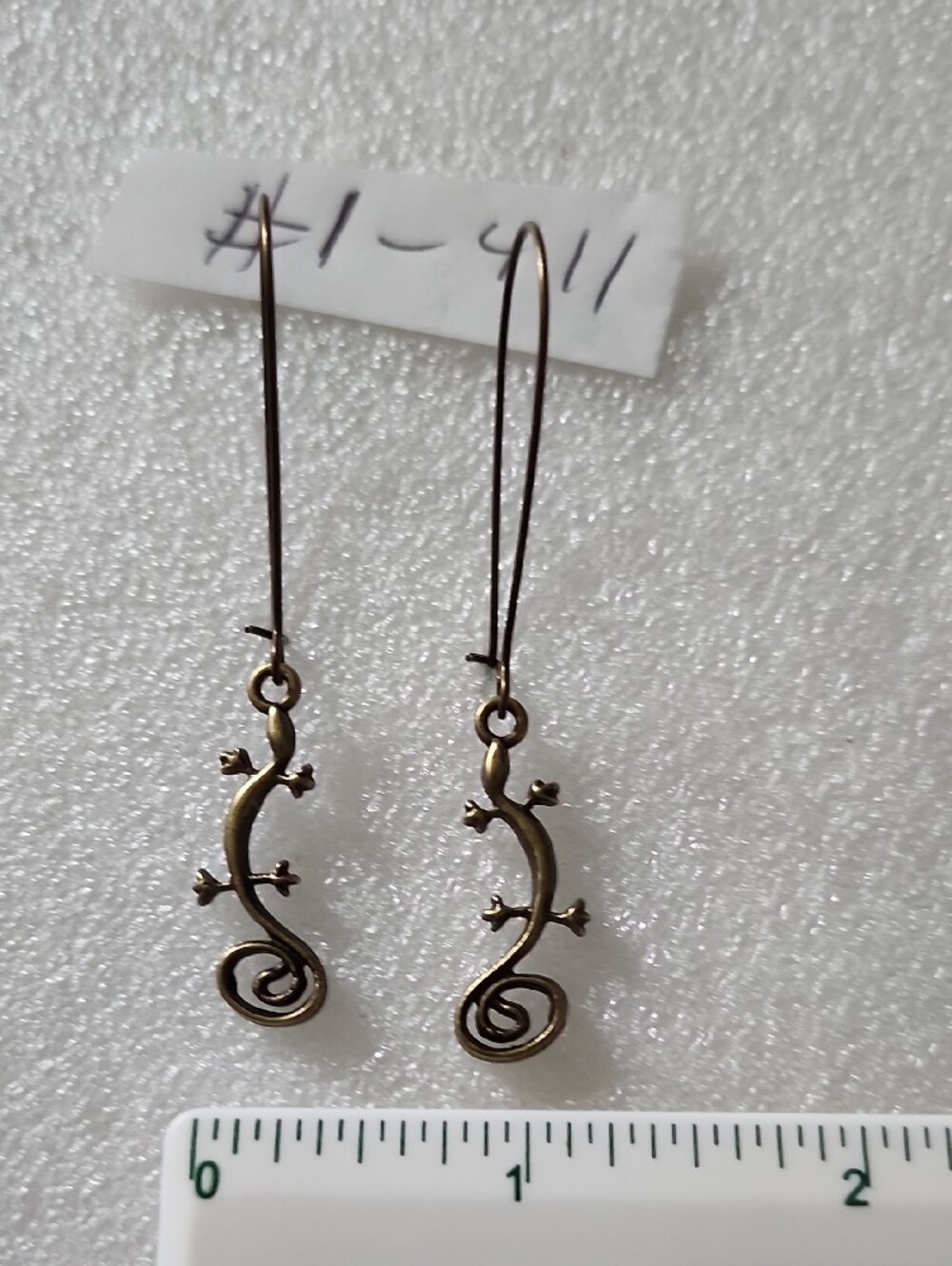 Hand Crafted Antique Bronze Tone Lizard Drop Earrings - Picture 2 of 5